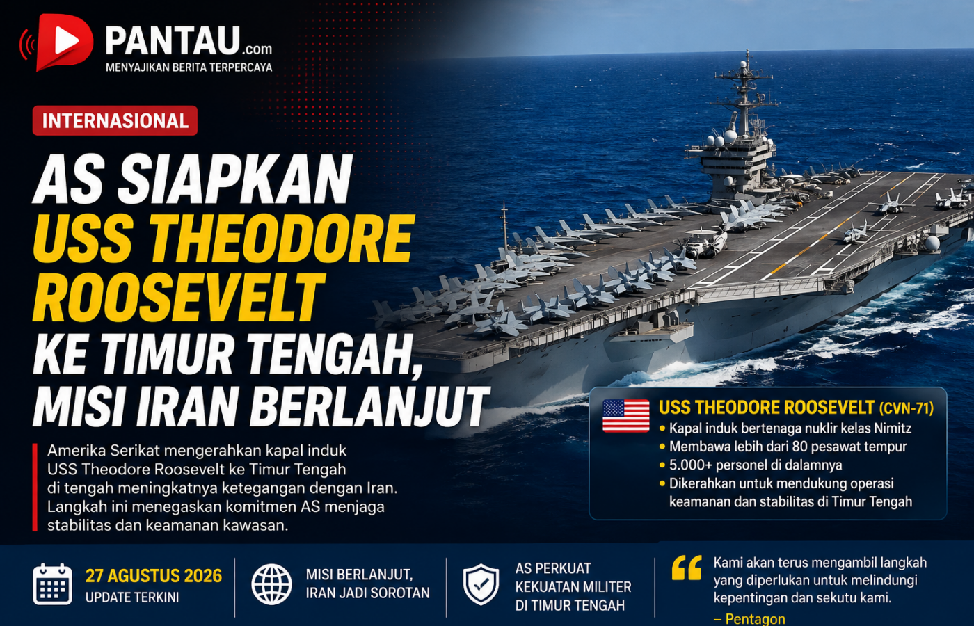 AS Siapkan USS Theodore Roosevelt ke Timur Tengah, Misi Iran Berlanjut