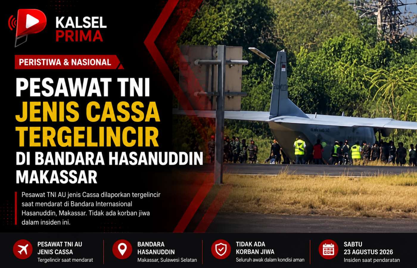 Pesawat TNI Jenis Cassa Tergelincir di Bandara Hasanuddin Makassar