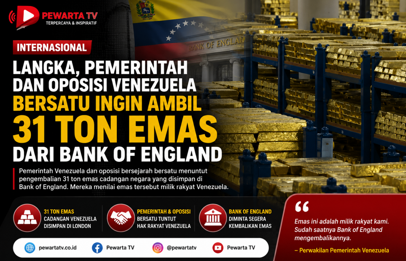 Langka, Pemerintah dan Oposisi Venezuela Bersatu Ingin Ambil 31 Ton Emas dari Bank of England