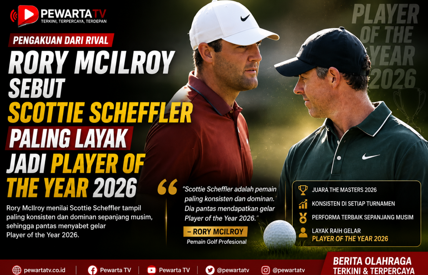 Rory McIlroy Sebut Scottie Scheffler Paling Layak Jadi Player of the Year 2026