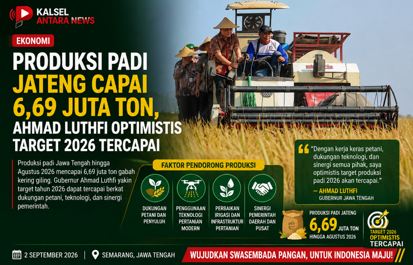 Produksi Padi Jateng Capai 6,69 Juta Ton, Ahmad Luthfi Optimistis Target 2026 Tercapai